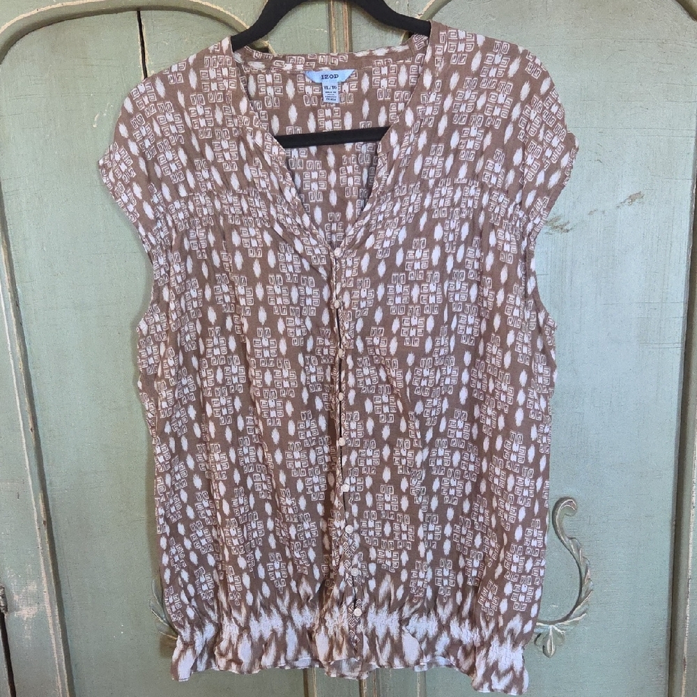 Izod Tan and White Geometric Blouse